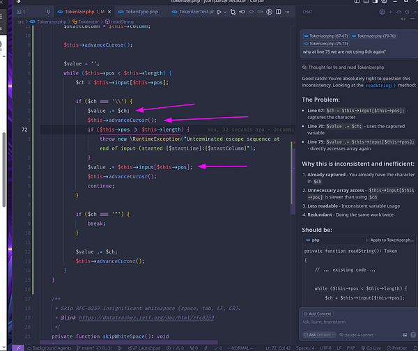 The image displays a code snippet from a PHP file, highlighting a discussion about variable usage efficiency in a tokenizer function.