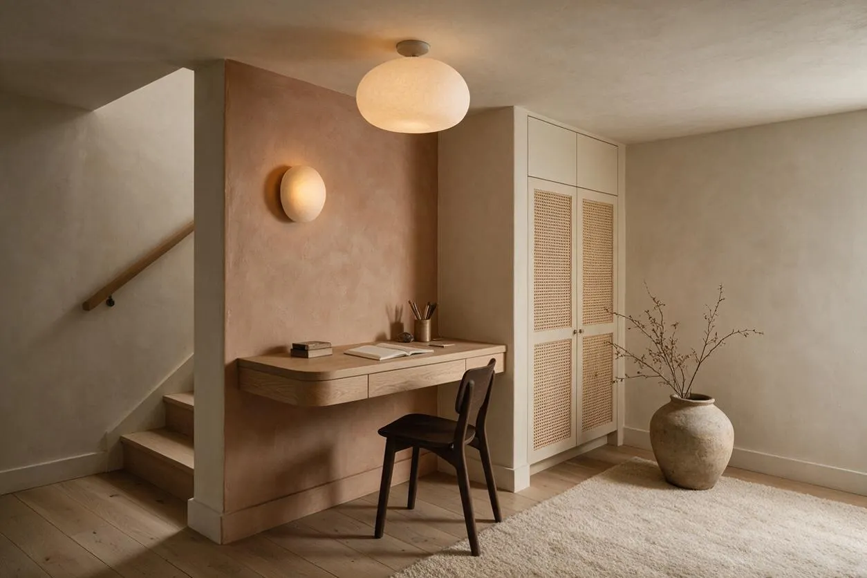 A softly lit basement interior with organic modern styling, featuring a floating wooden desk built into a blush plaster alcove, a dark wood chair, and a woven cabinet with cane-style doors. Pale wood floors, a cream textured rug, and a large ceramic vase with branches add natural warmth under a round paper pendant light.