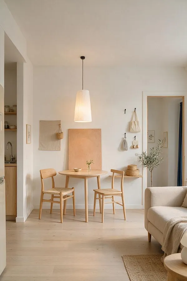 A bright Scandinavian studio apartment with a small round wooden dining table and two light wood chairs beneath a white pendant lamp. The white wall is styled with woven textiles, wall hooks, tote bags, and a small shelf, while a beige sofa, jute rug, and olive branch add warmth and texture.