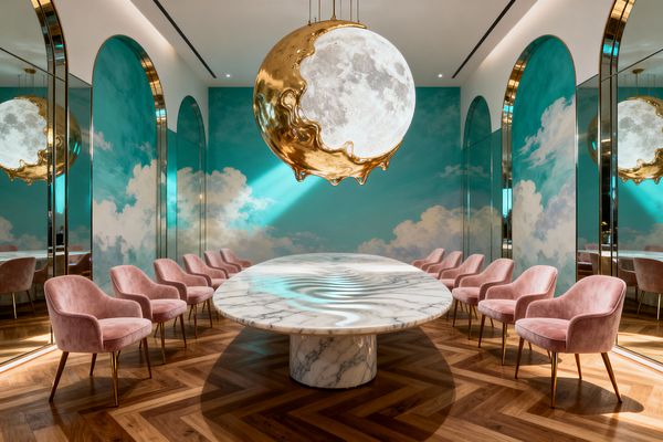 A dramatic dining room centers on an oversized oval white marble table with gray veining, surrounded by ten blush-pink velvet chairs on slim brass legs set over a chevron-patterned walnut floor. Teal sky-and-cloud murals are doubled by tall mirrored arches with brass trim, while a sculptural pendant resembling a glowing full moon cradled by molten gold hangs above, casting rippled reflections across the tabletop and creating a dreamlike atmosphere.