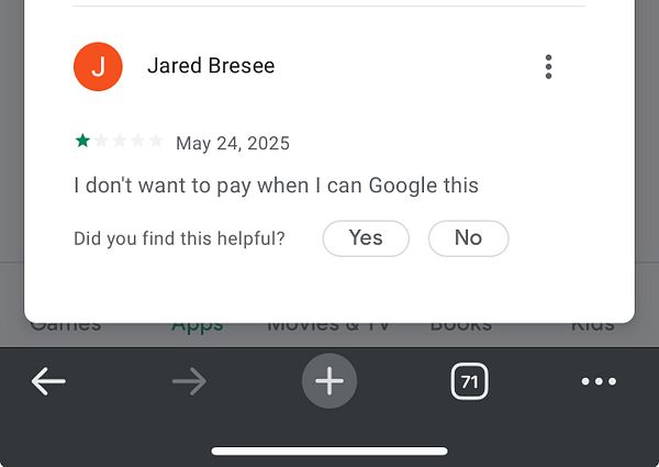 A negative app review highlighting user dissatisfaction with a premium pricing model.