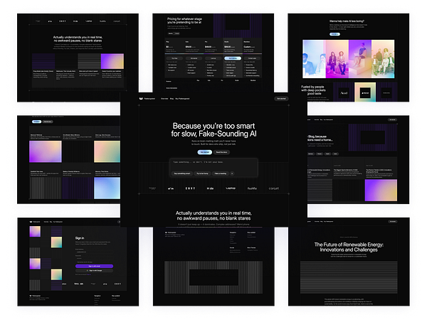 A collage of various web pages showcasing a modern, dark-themed website design focused on AI and technology.