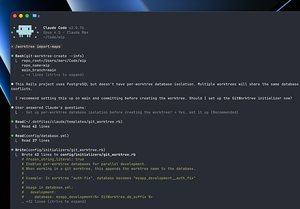 Screenshot of a terminal interface showing commands related to creating and managing multiple Git worktrees.