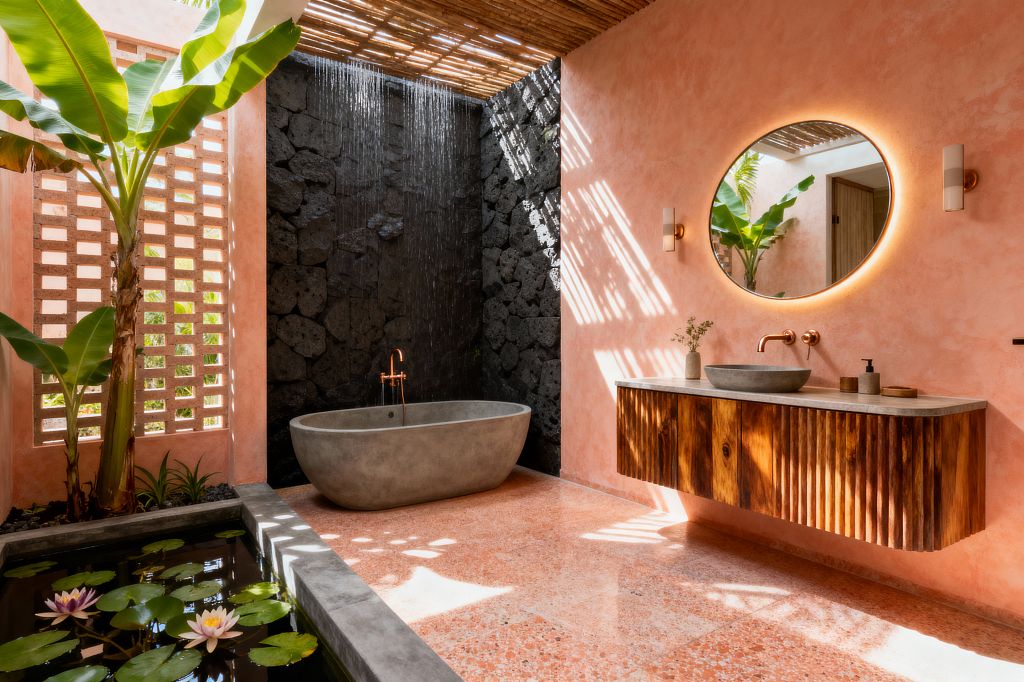 Open-air tropical bathroom with coral-pink plaster walls and a rosy terrazzo floor. A concrete soaking tub sits beside a black lava-stone wall with a cascading rainfall shower beneath a bamboo slatted roof, creating striped sunlight. Opposite, a floating ribbed teak vanity with a stone countertop and round backlit mirror features copper wall-mounted taps. A breeze-block screen, banana plants, and a shallow pond with water lilies complete the lush, spa-like setting.