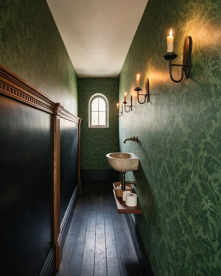 A narrow Gothic-style powder room with deep green patterned wallpaper, dark wainscoting, and a black wood floor. A stone pedestal sink, candle-style wall sconces, an arched window, and warm wood trim create a dramatic, old-world atmosphere.
