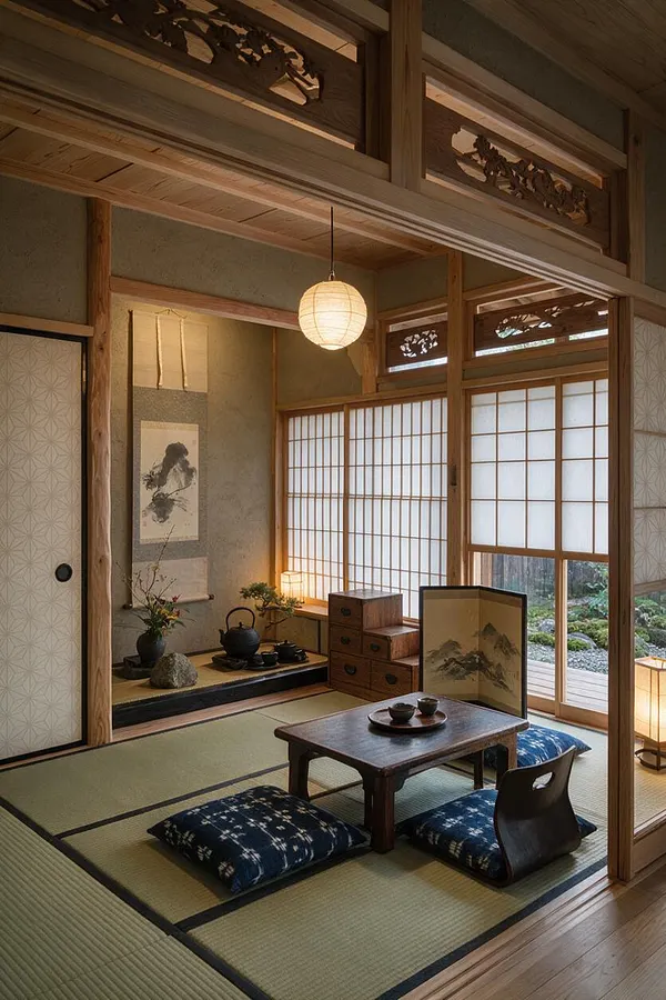 A Japanese Zen-style closet or dressing alcove with tatami flooring, sliding shoji screens, exposed wood beams, and a hanging paper lantern. The space includes a low wooden table, floor cushions, calligraphy wall art, a small tea display, and soft natural light filtering through the screens.