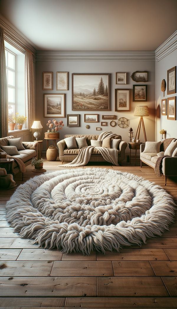 A cozy living room with a soft, plush wool fiber rug centering the furniture arrangement, creating a warm and inviting atmosphere.