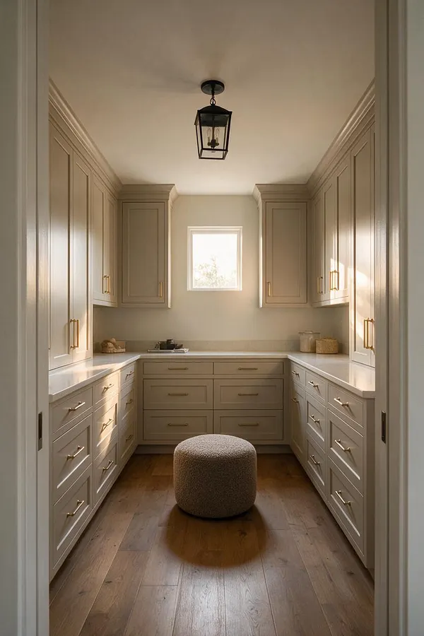 A narrow walk-in closet with custom beige built-in cabinets lining both sides and the back wall, topped with light countertops and finished with brass pulls. A small square window and a black lantern ceiling light add brightness and contrast, while a round upholstered ottoman sits on warm wood plank flooring.