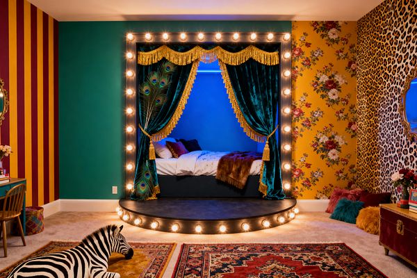 A kids’ bedroom features a stage-like bed alcove framed with round marquee bulbs and teal velvet curtains trimmed with gold fringe. The space layers bold patterns: emerald wall paint, burgundy-and-mustard stripes, golden floral wallpaper, and a leopard print accent, with oriental-style rugs on beige carpet. A velvet trunk, wood desk and chair, colorful floor cushions, peacock feathers, and a zebra toy complement the scene, while blue lighting glows inside the bed niche.