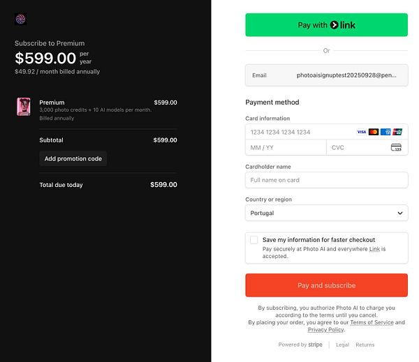 The image displays a Stripe Checkout interface for subscribing to a premium service.