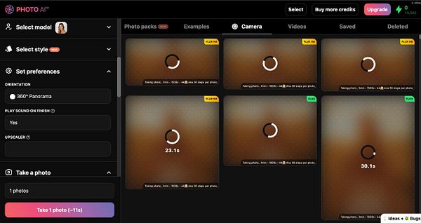 The image displays a user interface for a photo-taking application with various settings and options.