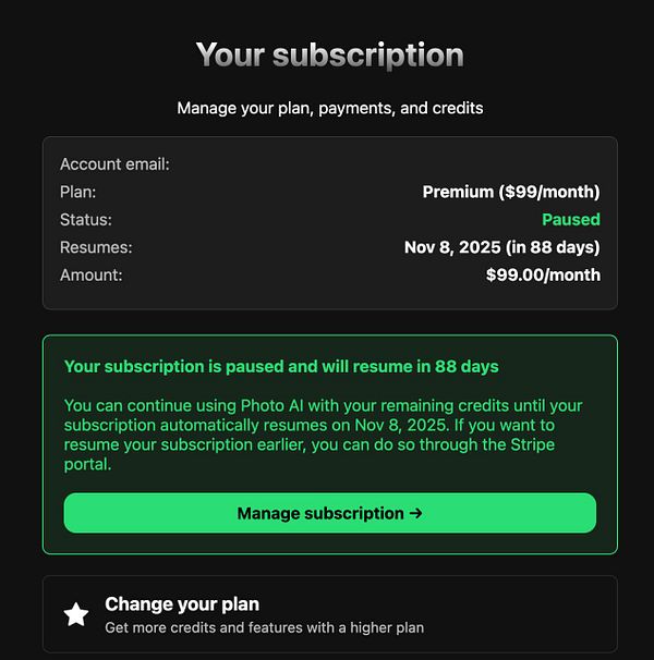 The image displays a subscription management interface for a service called Photo AI.