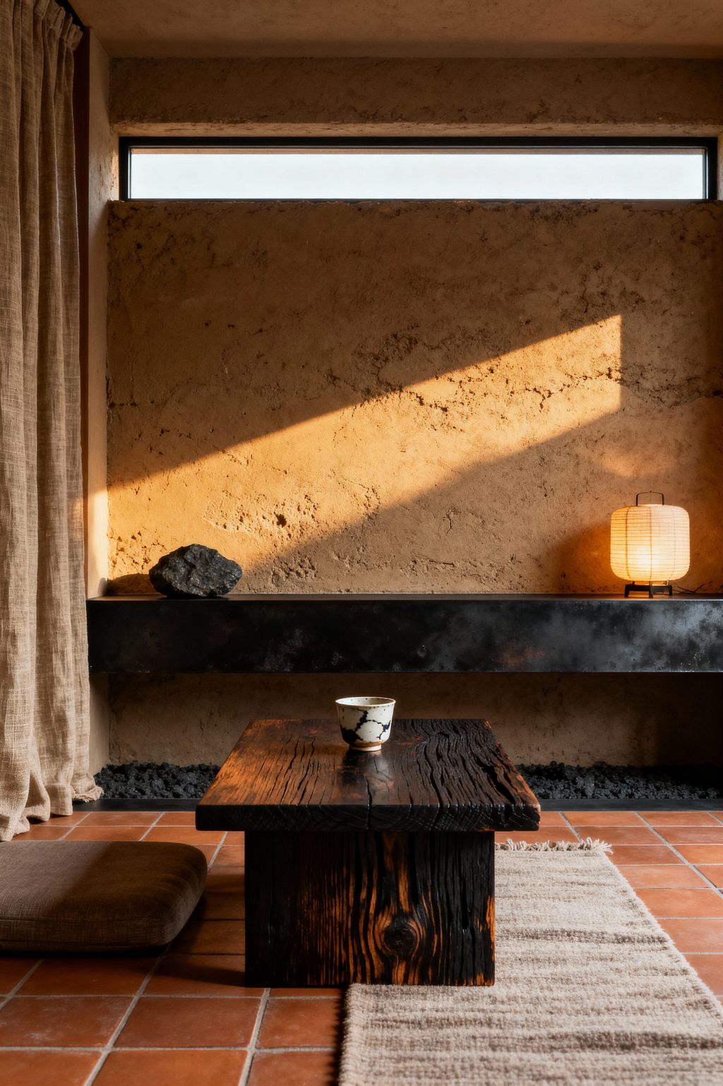A Wabi-Sabi inspired home office vignette with a low, charred wood table centered on terracotta tiles, paired with a floor cushion and a narrow woven rug. A rough earthen plaster wall with a slim clerestory window catches warm sunset light, illuminating a blackened steel ledge holding a stone and a glowing rice-paper lantern, while natural linen curtains soften the scene.