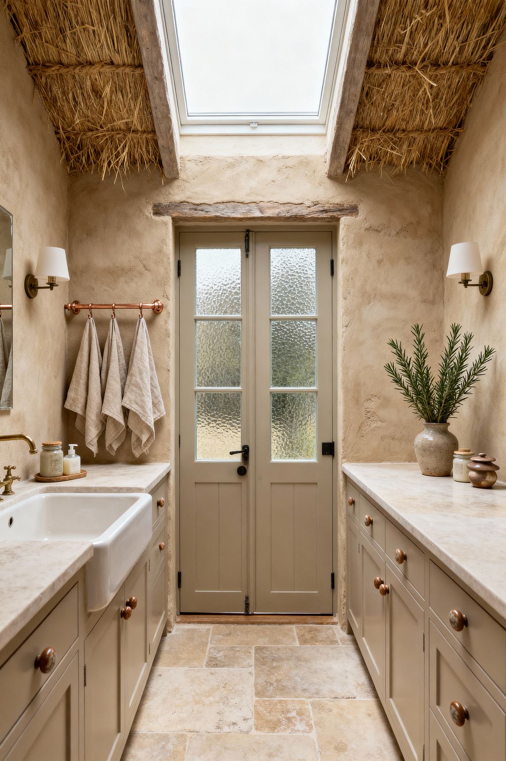 An intimate French Country laundry room features hand-troweled beige plaster walls and a thatched ceiling beneath a large skylight. Greige Shaker cabinets with light stone countertops line both sides, a white apron-front sink with brass faucet sits on the left, a copper rail holds linen towels, and tumbled limestone tiles floor the space. Frosted-glass double doors glow with daylight, flanked by brass sconces and simple earthenware accessories.