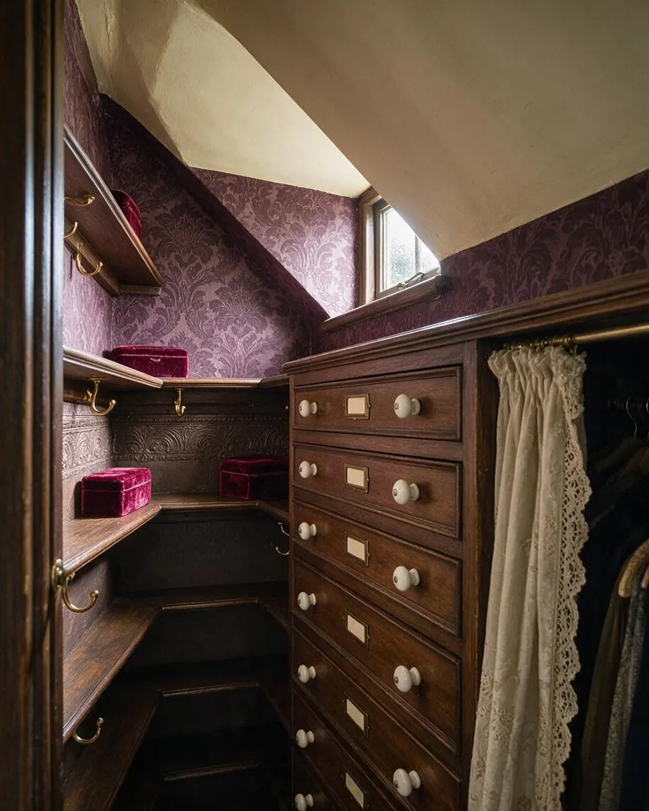 A narrow Victorian-style closet with dark wood cabinetry, a tall dresser of stacked drawers, open shelves, and brass hooks. Purple damask wallpaper, a cream sloped ceiling, a small window, and burgundy velvet storage boxes add a rich, period-inspired feel.