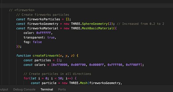 The image displays a code snippet for creating fireworks particles using the Three.js library.
