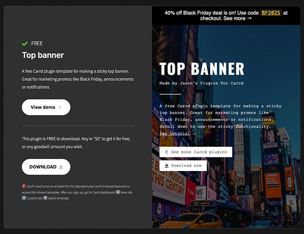 The image displays a promotional webpage for a free Carrd plugin called 'Top Banner'.