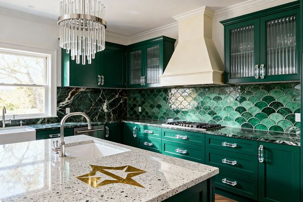 A bright kitchen features emerald green Shaker cabinets with clear acrylic pulls, a cream range hood, and scalloped green tile backsplash above deep green marble counters. A white terrazzo island with an inset brass star and chrome faucet sits under a tiered crystal-and-chrome chandelier; reeded-glass upper doors, a farmhouse sink by the window, and a stainless gas cooktop complete the vintage-glam look.