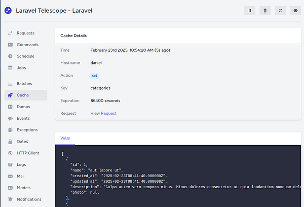 The image displays a Laravel Telescope interface showing cache details.