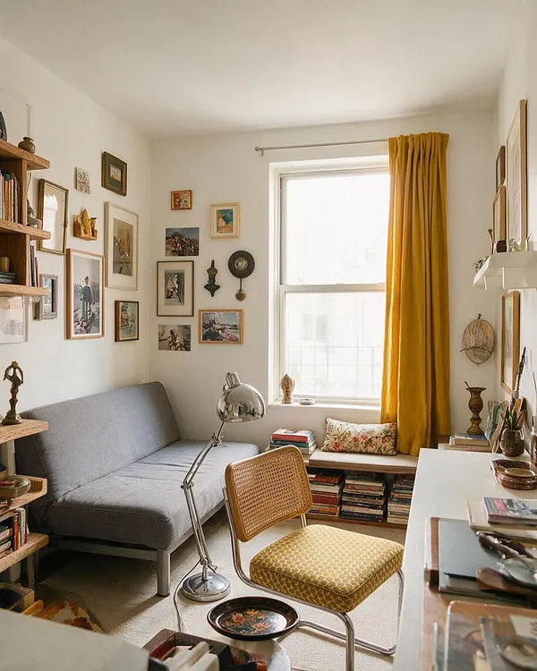 A compact studio apartment corner with a gray sofa under a gallery wall of framed art, a cane chair with yellow patterned upholstery, and a chrome floor lamp. A bright window with mustard-yellow curtains anchors the room, while books, small decorative objects, and shelves create a layered, collected look.