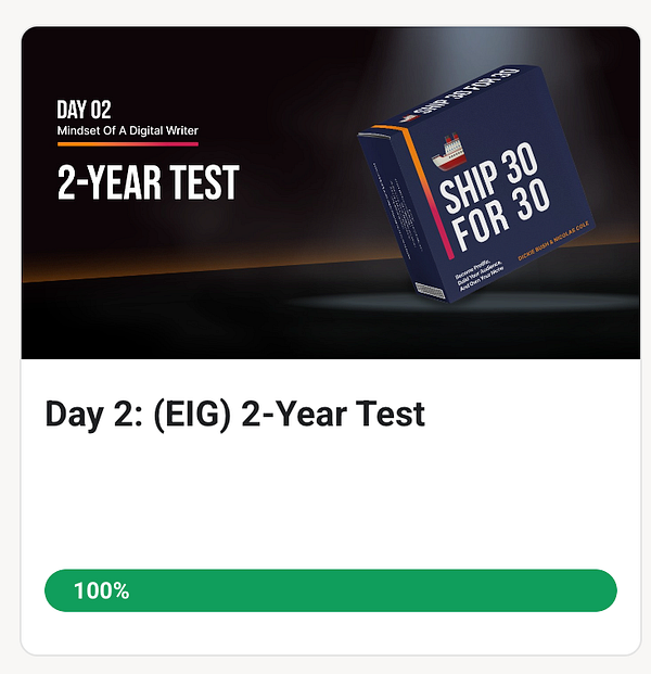 The image features a task completion interface for Day 2 of a writing program, showcasing a product box and progress indicator.