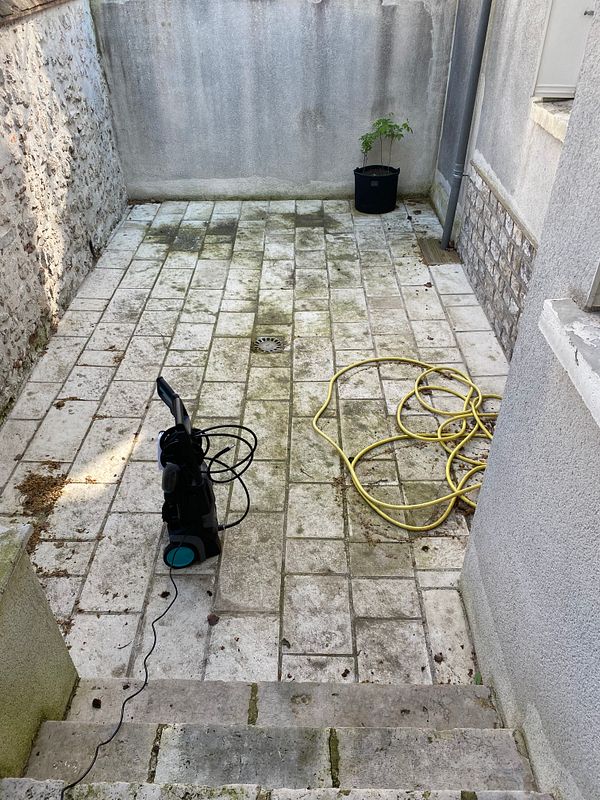 Young man cleaning a backyard on a sunny day, standing next to a leaf blower.