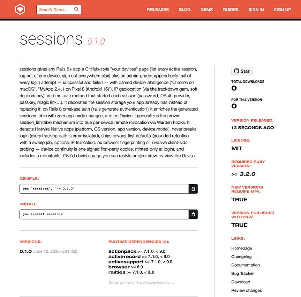 Command-line interface showing Ruby gem push process for releasing 'sessions' gem version 0.1.0 to RubyGems.org.