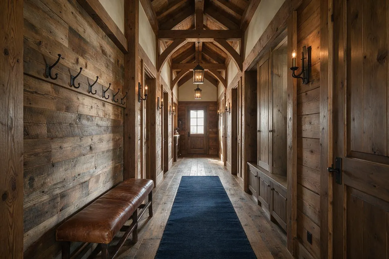 A long rustic entryway with reclaimed wood walls, a vaulted timber ceiling, and wide plank flooring. Black iron hooks line the left wall above a leather bench, while lantern-style pendants and sconces cast warm light over a dark blue runner.