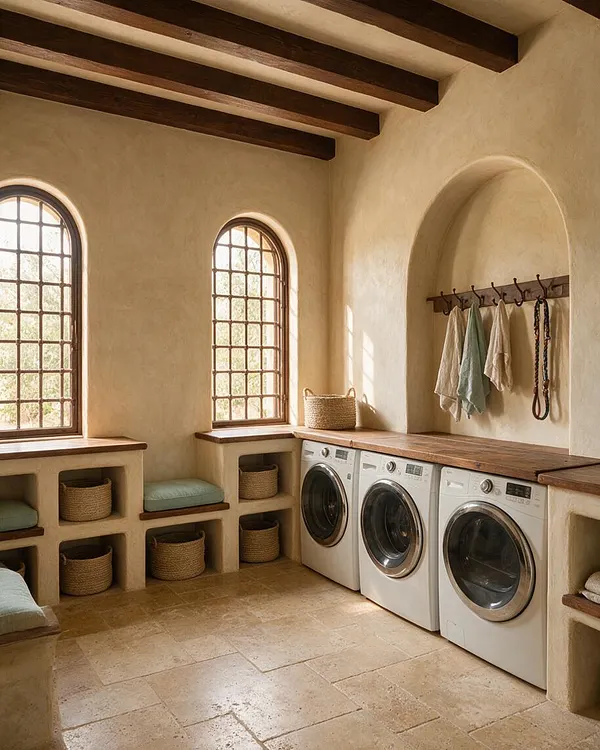 A Mediterranean-style laundry room with stucco walls, dark wood ceiling beams, and three arched windows that fill the space with natural light. White front-load washers sit beneath a long wooden countertop, with built-in cubbies holding woven baskets and soft cushions, and a recessed wall niche with hooks for hanging clothes and accessories.