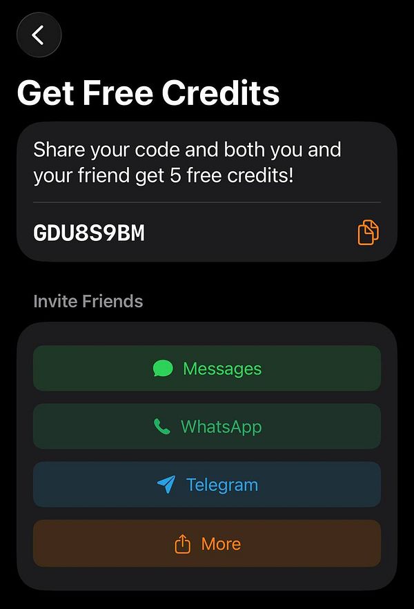 The image displays a referral code sharing interface for a credit incentive program.