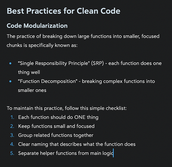 The image presents a guide on code modularization and best practices for clean code.