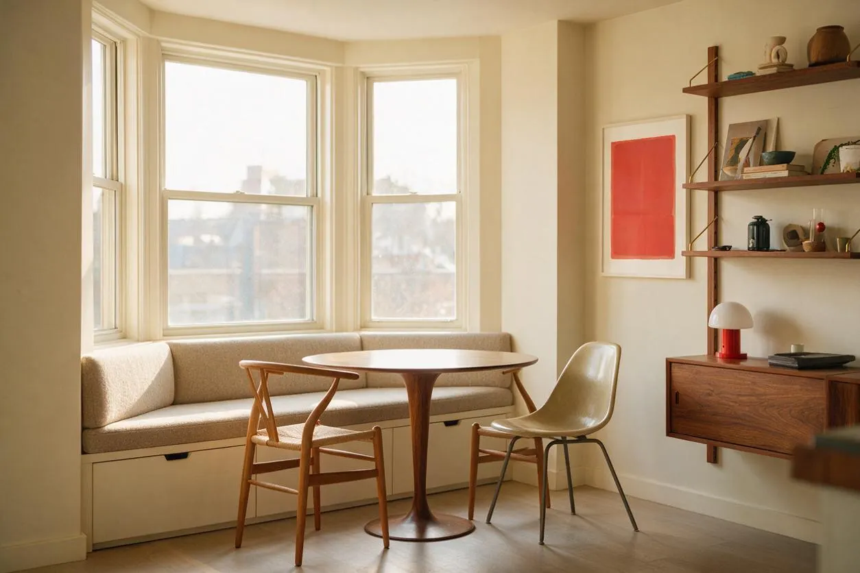 A bright studio apartment corner with a built-in window seat beneath large bay windows, a small round wood dining table, and two mid-century style chairs. Warm cream walls, walnut shelving, and a coral art print create a cozy, airy feel with clean lines and soft natural light.