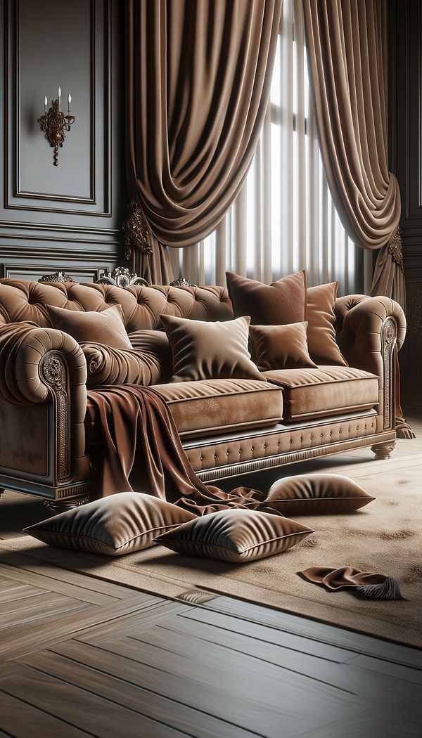 a luxuriously designed living room with a suede upholstered sofa and matching suede pillows on it, showcasing the material's soft and rich texture