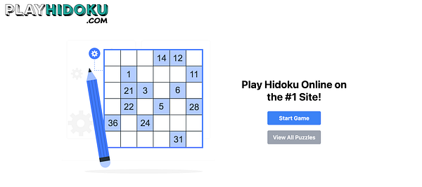 The image features a Hidoku game interface with a pencil and gear icon, along with buttons to start the game and view all puzzles.