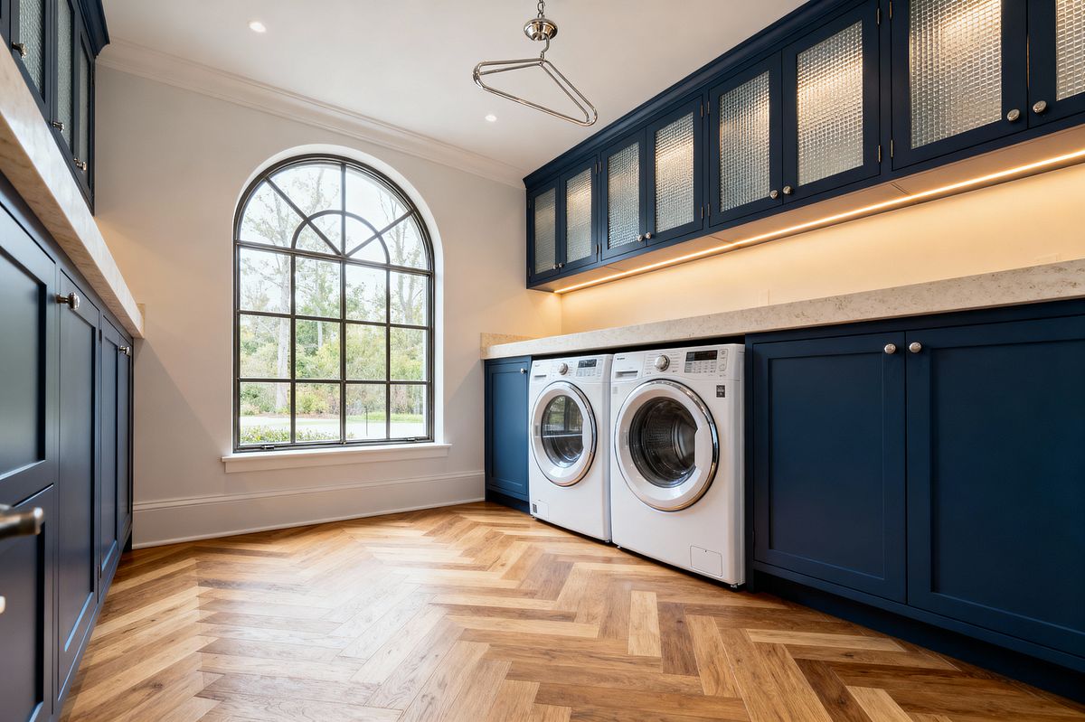 Room AI – Navy Laundry Room with Arched Window and Herringbone