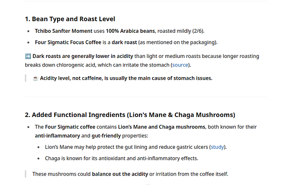 The image contains information about coffee types and their effects on stomach issues.