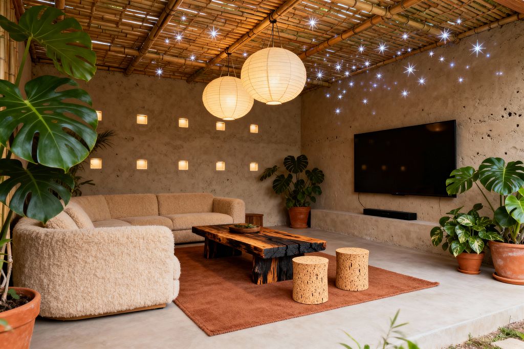 A media room with a bamboo ceiling sprinkled with tiny star-like lights and three paper lantern pendants. A cream bouclé L-shaped sectional surrounds a chunky charred-wood coffee table on a rust rug, with two cork stools in front. A large flat-screen TV and soundbar are mounted on a textured plaster wall above a concrete ledge, while square recessed niches glow softly. Terracotta pots with monstera and other tropical plants line the space on a smooth concrete floor.