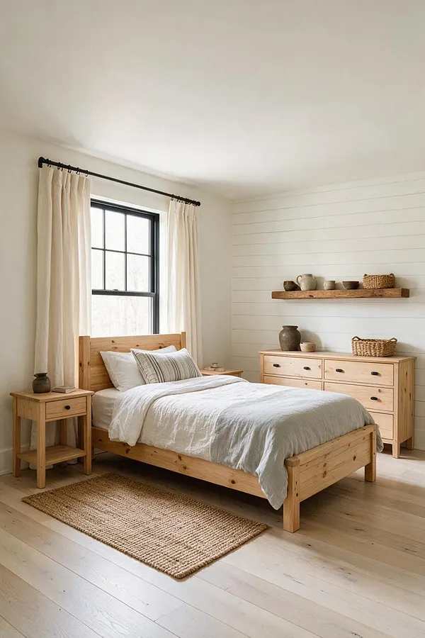 A serene farmhouse guest bedroom with a light wood bed, white bedding, and a striped accent pillow. Cream curtains frame a black-trimmed window, while a shiplap accent wall holds simple wood shelves and a matching dresser with woven baskets and pottery.