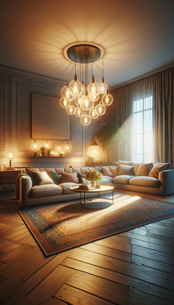 An inviting living room illuminated by the warm glow of incandescent lighting, highlighting the furniture and decor with accurate color rendition.