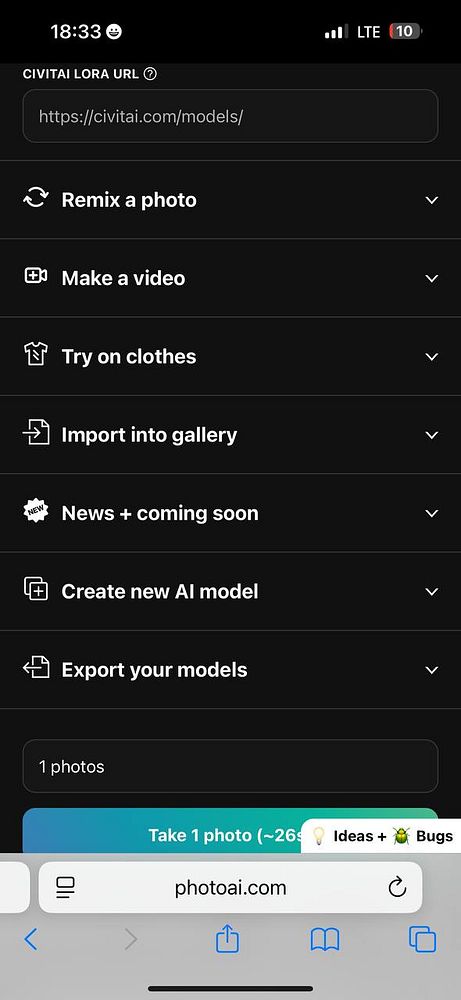 The image displays a mobile interface for a photo AI application with various options and a URL at the top.