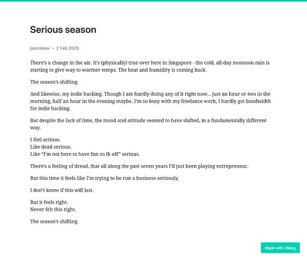 A personal reflection on a shift in mindset and seasonality, written in a blog post format.