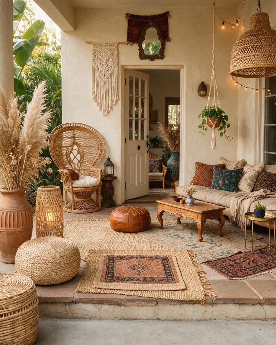A cozy bohemian-style exterior patio with cream stucco walls, an open French door, and layered rugs on a stone floor. The space features rattan and wicker seating, macramé wall decor, hanging plants, string lights, a leather pouf, terracotta planters, and a neutral sofa with colorful patterned pillows.