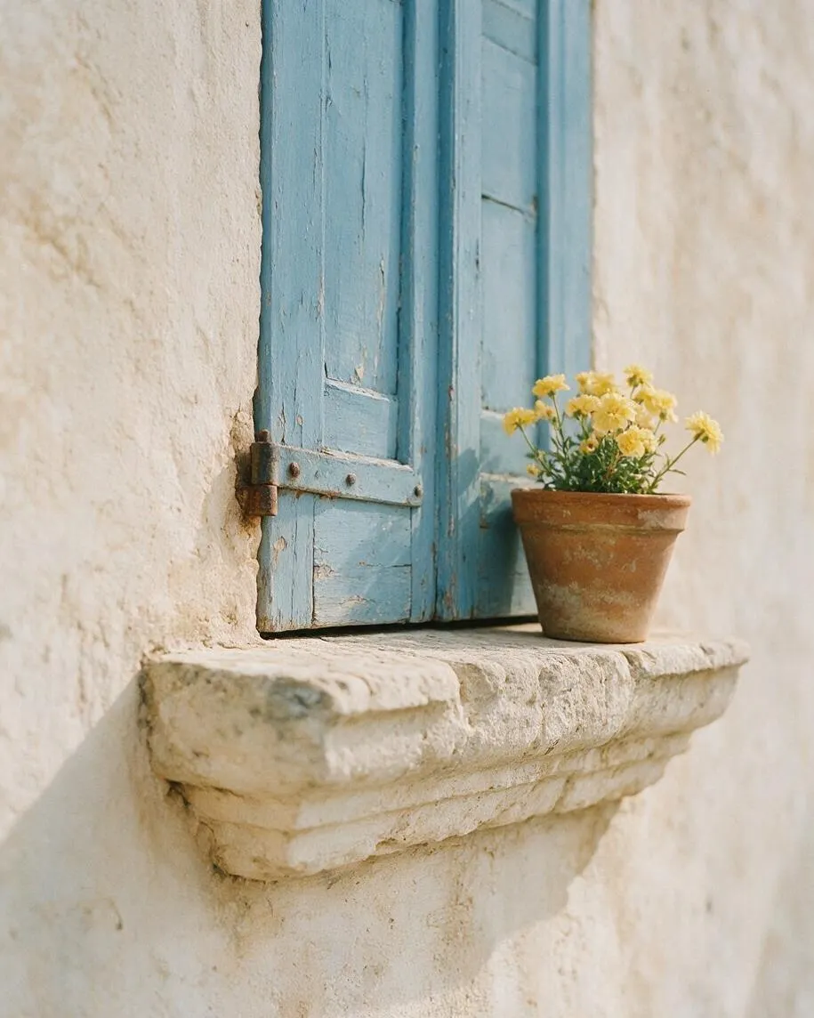 A close-up of a French Country exterior showing weathered pale blue wooden shutters set into a cream stucco wall above a rough stone ledge. A small terracotta pot with yellow flowers sits on the windowsill, adding a soft, charming accent.