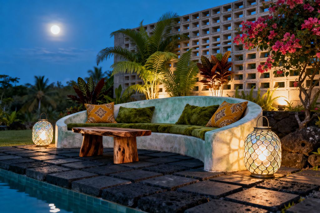 A moonlit tropical patio features a curved stucco concrete bench with moss-green cushions and ochre patterned pillows, set on charcoal lava-stone pavers beside a turquoise pool. A perforated breeze-block wall with uplighting highlights palms, ferns, crotons, and a flowering bougainvillea; a live-edge wood coffee table and two glass lanterns add warm, dappled light to the lush, relaxed setting.