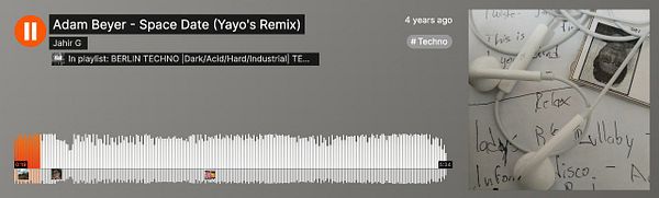 A screenshot of a SoundCloud track titled 'Adam Beyer - Space Date (Yayo's Remix)' accompanied by a handwritten note and earphones.