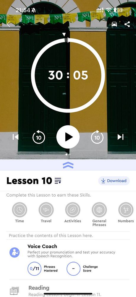 The image displays a mobile app interface for a Portuguese language lesson with a vibrant background.