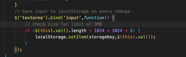 The image displays a code snippet for checking the size of input data before saving it to local storage.