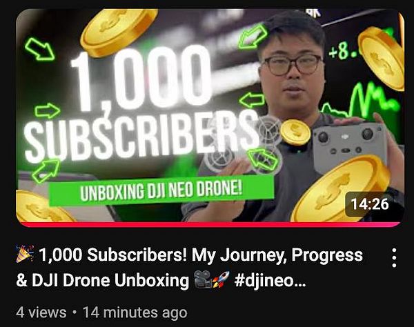 A YouTube video thumbnail celebrating 1,000 subscribers and featuring an unboxing of the DJI Neo drone.