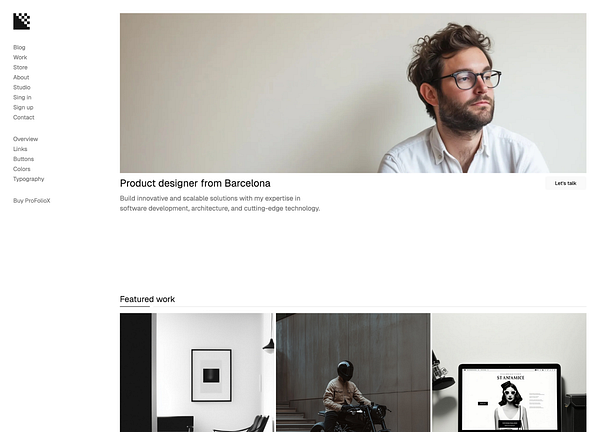 The image displays a portfolio website layout featuring a product designer from Barcelona.