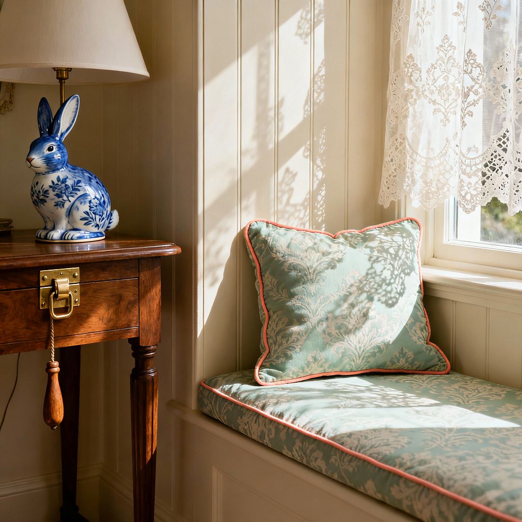 Sunlit corner of a traditional kids’ room featuring a built-in window seat upholstered in seafoam damask with coral piping and a matching pillow. Cream-painted vertical paneling and white window trim frame a lace café curtain that casts delicate shadows. An antique dark wood side table with brass hardware holds a lamp with a blue-and-white ceramic rabbit base and a tapered shade, creating a warm, nostalgic atmosphere.